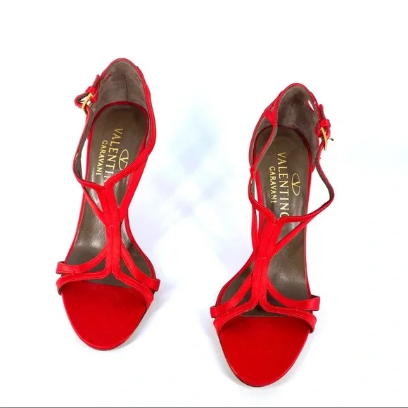 Valentino Garavani Vintage Red Satin T-Strap Open Toe Pumps Size 36.5 - Picture 3 of 8